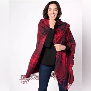 Belle by Kim Gravel Women's Red Plaid Poncho Wrap Fringe One Size